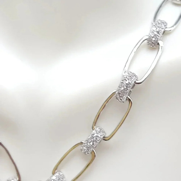 Sterling Silver .925 FAS Pave CZ Rectangle Link Necklace with CZ Heart Charm - Picture 3 of 8
